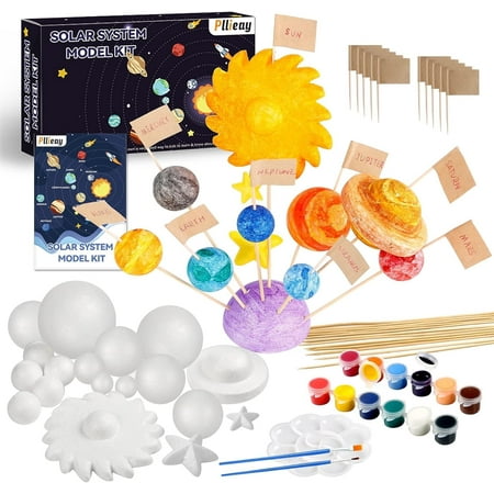 63PCS Solar System Foam Ball Kit Includes Color Pigments, Palette, Mixed Sized Polystyrene Spheres Balls, Toothpick Flag, Painting Brushes, Bamboo Sticks for School Science Projects
