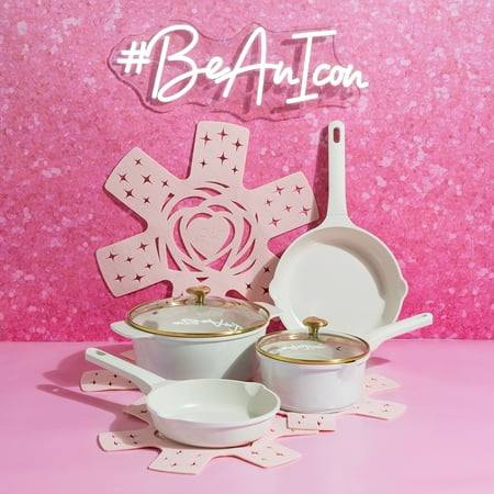 Paris Hilton Clean Ceramic Nonstick Cast Aluminum Cookware Set with Heart Knobs, Iridescent White, Other