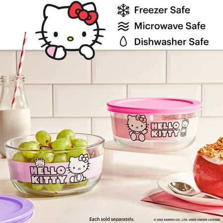 Pyrex Hello Kitty 4-Cup Round Glass Storage Container with Pink Airtight Lid, 2-Piece