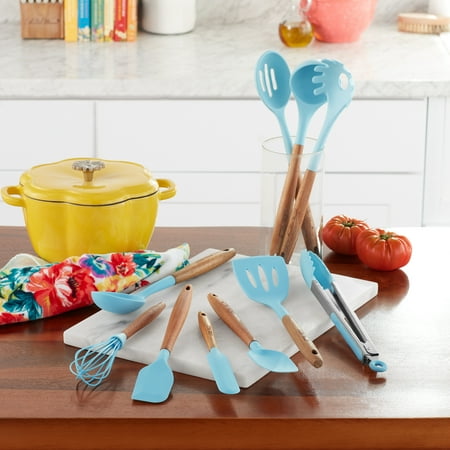The Pioneer Woman 10-Piece Silicone and Acacia Wood Handle Cooking Utensils Set, Blue