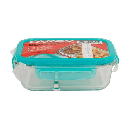 Pyrex MealBox 2.3-cup Divided Glass Food Storage Container with Blue Lid, 2.1 cup