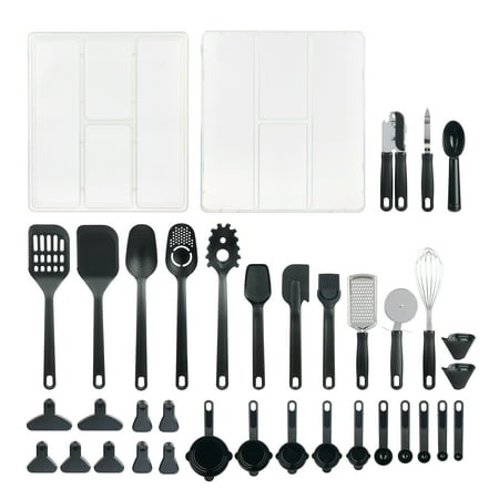 Mainstays 36 Piece Kitchen Gadget Set with Kitchen Cooking Utensils, and Drawer Organizer, Black
