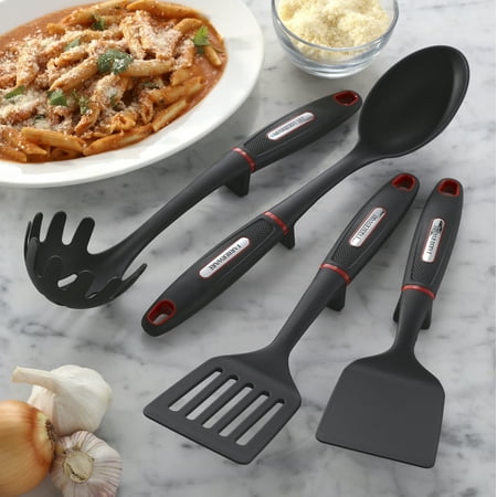 Farberware Soft Grips Set-4 Slotted Turner, Turner, Basting Spoon, and Pasta Server, Black