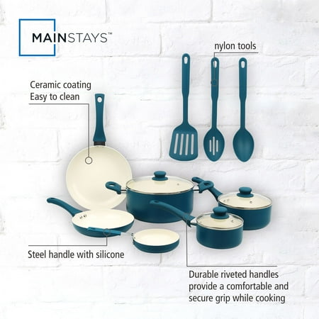 Mainstays 12 Piece Ceramic Nonstick Aluminum Pots and Pans Cookware Set, Blue, Blue