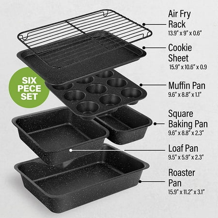 Granitestone Baking Pans 6 Piece Cookie Sheet Bakeware Set Nonstick Dish Tray Oven Pan Casserole Dish Jelly Roll Pan, Black, Black