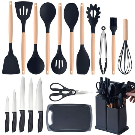 Kitchen Utensils Set- 19 Pcs Silicone Cooking Utensils Set for Nonstick Cookware-Silicone Spatulas Set, Kitchen Gadgets Tools, Pots and Pans Accessories-(Black 19 PCS Set)