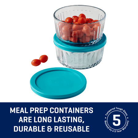 Anchor Hocking Sculpted Glass Food Storage Container with Lids, 4 Cup Round, Set of 2