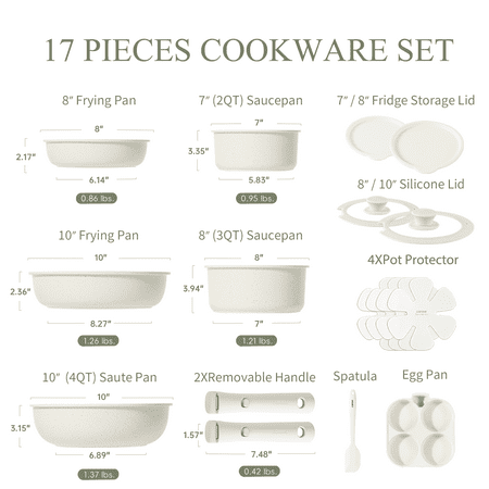 Carote Nonstick Cookware Sets, Granite Non Stick Pots and Pans Set with Removable Handle, 17 Pcs
