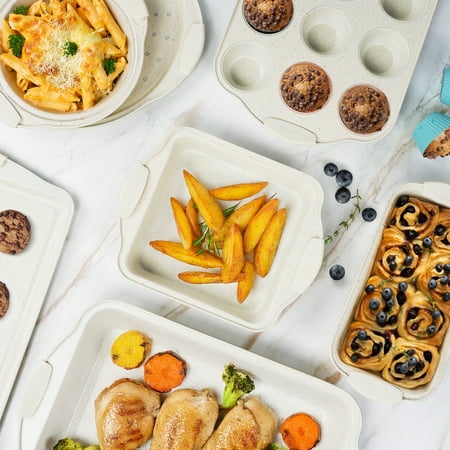 Kikcoin Bakeware Set, 22-Piece Baking Pans Set Kitchen Carbon Steel Baking Sheet Pans with Silicone Handles, Cookie Sheets Nonstick(Beige), Beige