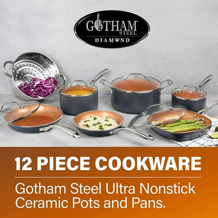 Gotham Steel Nonstick Pots and Pans 12 Piece Set Ceramic Cookware Kitchen Set, With Frying Skillet, Saucepan, Lids | Gray