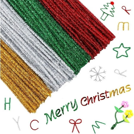 GIXUSIL 100Pieces Pipe Cleaners Set,10 Colors Christmas Decorations Chenille Stems Glitter Pipe Cleaner Craft Kit for DIY Creative Home Arts and Crafts Project Decoration(Red,Gold,Silver,Green Etc)