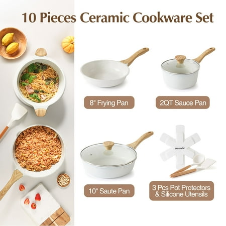 SENSARTE Ceramic Nonstick Pots and Pans Set, 10 Pieces Healthy Non Stick Cookware Set, Induction Kitchen Pan Sets White, PFAS and PFOA Free, White, 10pcs Ceramic