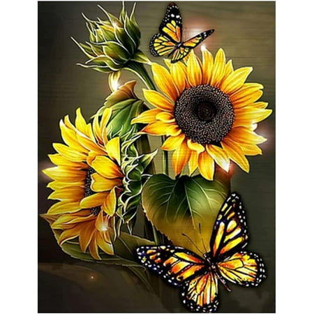 Sunflowers Diamond Art Kits for Adults Beginners Round Full Drill 5D DIY Butterfly Diamond Art Kits Flowers Picture Art for Home Wall Decor 12x16 inch, Yellow