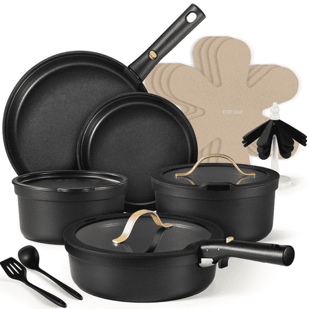 Carote Nonstick Cookware Sets, 19 Pcs Non Stick Pots and Pans Set with Removable Handle, BlackBlack, 20pcs,