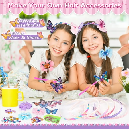 Anofty Arts and Crafts for Girls 8-12, Girls Hair Accessories Toys Age 6-8-10, 60+ Pieces Butterfly Headbands Making Kit for 4 5 6 7 8 Year Old Girl Birthday Gifts, Yellow