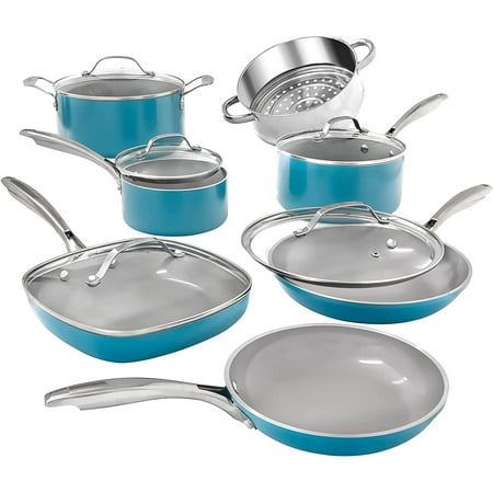 Gotham Steel 12 Piece Pots and Pans Nonstick Set Ceramic Cookware Kitchen Set, With Frying Skillet, Saucepan, Aqua Blue