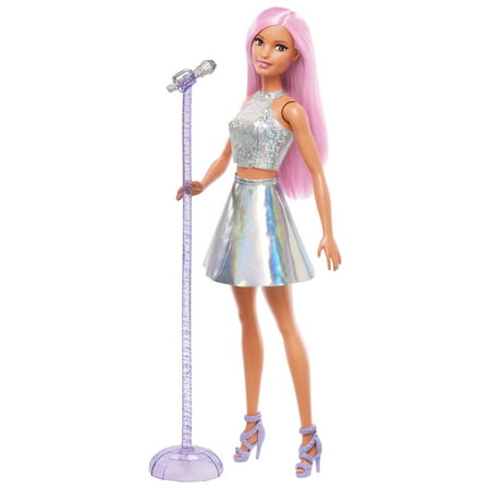 Barbie Pop Star Doll Dressed In Iridescent Skirt with Microphone and Long Pink Hair