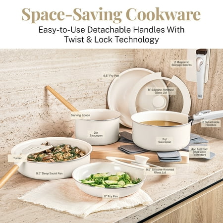 Gotham Steel Nonstick Pots and Pans 18 Piece Ceramic Induction Cookware Kitchen Set Detachable Handles Frying Skillet Cream