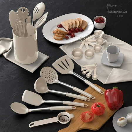 Silicone Cooking Utensils Set - Heat Resistant Stainless Steel Kitchen Utensils, Baking Tools Kitchen Gadgets,Turner, Tongs,Spatula,Spoon,Brush,Whisk,Non-Stick, Dishwasher Safe,BPA FREE (Khaki)