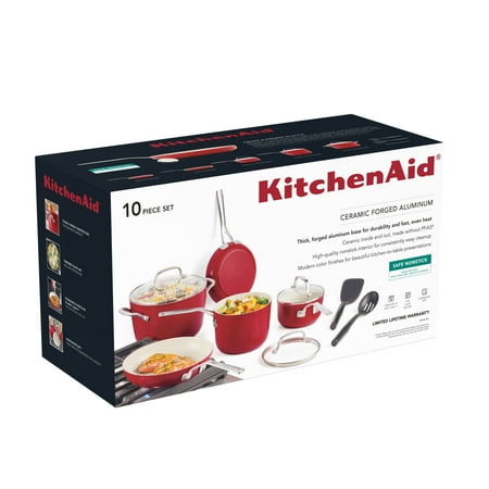 KitchenAid Ceramic Forged Aluminum Nonstick Cookware Set, 10 Piece, Empire Red