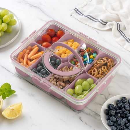 Cook With Color 8-Compartment Snackle Box, Charcuterie Container, Divided Serving Tray with Lid & Handle, PinkPink,
