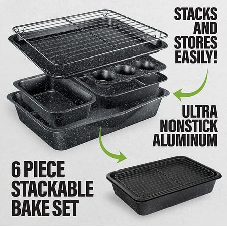 Granitestone Baking Pans 6 Piece Cookie Sheet Bakeware Set Nonstick Dish Tray Oven Pan Casserole Dish Jelly Roll Pan, Black, Black