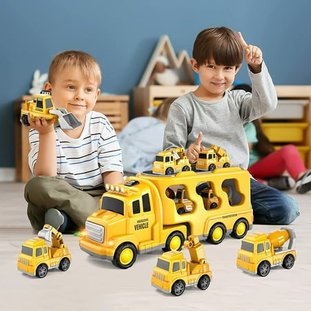 PayUSD Construction Toddler Truck Toys for 3 4 5 6 Year Old Boys 5-in-1 Friction Power Vehicle Car Toy for Toddlers 1-3 Carrier Truck Toys for Kids 3-5 Christmas Birthday Gifts for Girls Age 3-9