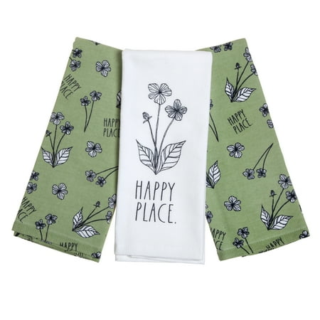 Rae Dunn Happy Flower Kitchen Towel Set, 16?x26?, 3 Pack, Green & White