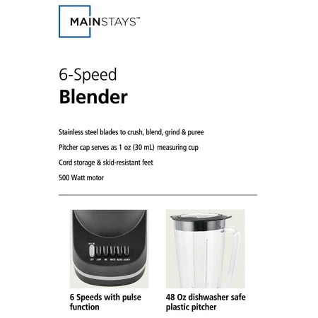 Mainstays 500 W 48 oz Jar 6-Speed Blender, Black
