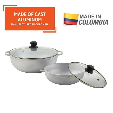 Imusa 2 Piece Colombian Cast Aluminum Caldero Set with Glass Lid, Silver