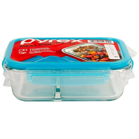 Pyrex MealBox 4-cup Divided Glass Food Storage Container with Turquoise Lid, 3.4 cup