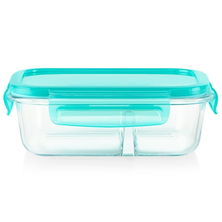 Pyrex MealBox 2.3-cup Divided Glass Food Storage Container with Blue Lid, 2.1 cup