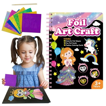 Crafts for Kids, Foil Fun Princess Art Kit for Kids, Arts and Crafts Supplies, Mess Free Coloring, Gifts for Girls Ages 3 4, 5, 6, 7, 8, 9, Travel Toys