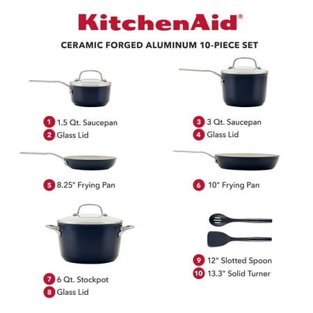 KitchenAid Ceramic Forged Aluminum Nonstick Cookware Set, 10 Piece, Onyx Black