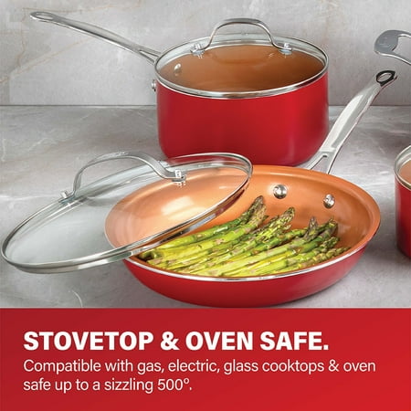 Gotham Steel Nonstick Pots and Pans 32 Piece Kitchen Ceramic Cookware Set Bakeware and Storage Set Skillet Saucepans RedRed,