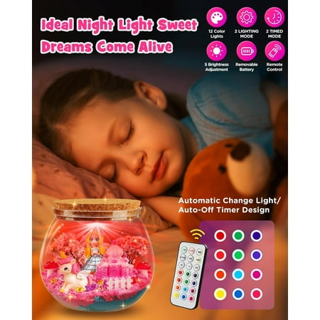 D-FantiX Unicorn Princess Toys Terrarium Kit, Led Night Light Birthday for Little Girls, DIY Arts and Crafts Science Kit for Kids Age 3 4 5 6 7 8-12 Year Old