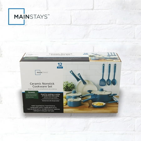 Mainstays 12 Piece Ceramic Nonstick Aluminum Pots and Pans Cookware Set, Blue, Blue