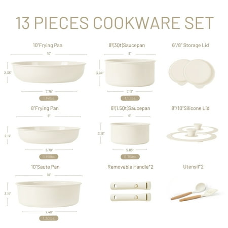 Carote Ceramic Cookware Set, Non Toxic Detachable Pots and Pans, 13 Pcs Induction Cookware, Cream