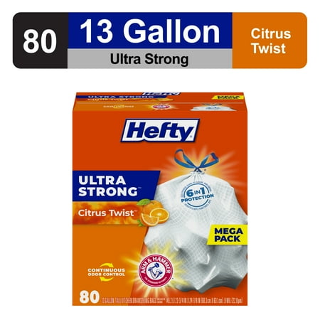 Hefty Ultra Strong 13 gallon Trash Bags, Tall Kitchen Trash Bags, White, Citrus Twist Scent, 80 Bags