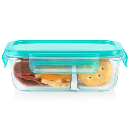 Pyrex MealBox 2.3-cup Divided Glass Food Storage Container with Blue Lid, 2.1 cup