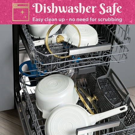 Paris Hilton Clean Ceramic Nonstick Cast Aluminum Cookware Set with Heart Knobs, Iridescent White, Other