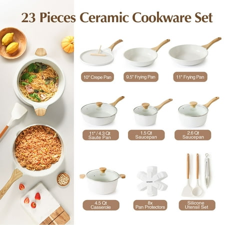 SENSARTE Ceramic Nonstick Pots and Pans Set, 22 Pieces Healthy Non Stick Cookware Set, Induction Kitchen Pan Sets White, PFAS and PFOA Free, White, 23pcs Ceramic