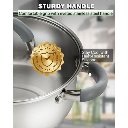 Cook N Home Kitchen Cookware Sets, 12-Piece Basic Stainless Steel Pots and Pans with Grey Silicone Handles, Silver