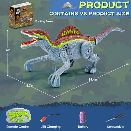 JoyStone Remote Control Dinosaur Toys, Gesture Sensing RC Dinosaurs - Realistic Walking, Roaring, and Spraying Spinosaurus Toys Robot Dinosaur for Kids, Grey