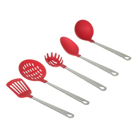 Mainstays Stainless Steel and Nylon Cooking Tool Set, Spoon, Spatula, Ladle, Pasta Spoon and Skimmer Assorted Colors