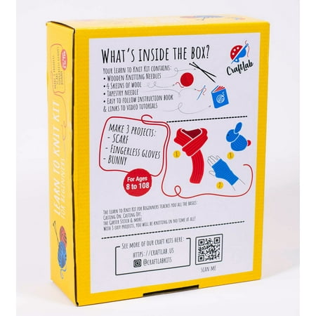 CraftLab Knitting Kit for Beginners, Kids Adults Seniors Includes All Knitting Supplies: Wool Yarn, Knitting Needles, Yarn Needle and Instructions ? Fantastic DIY Gift Learn to Knit Arts & Crafts Kit