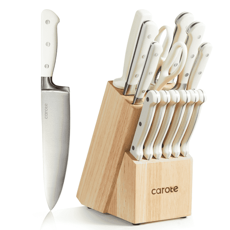 Carote 14 Pcs Knife Set with Wooden Block Stainless Steel Knives with Ergonomic Handle, Forged, White