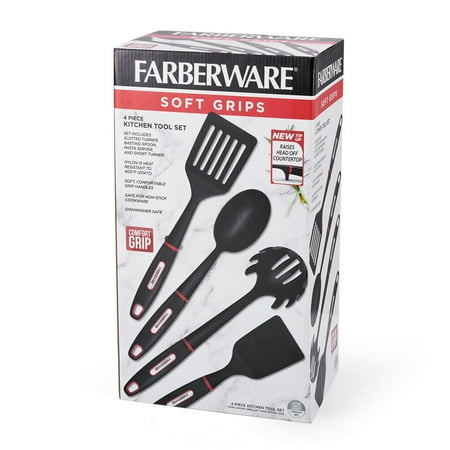 Farberware Soft Grips Set-4 Slotted Turner, Turner, Basting Spoon, and Pasta Server, Black