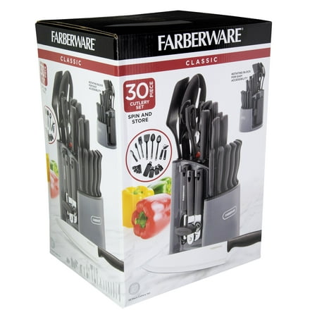 Farberware Classic 30-Piece Spin-N-Store Rotating Carousel Stainless Steel Knife Set & Tool Set Gray, Gray