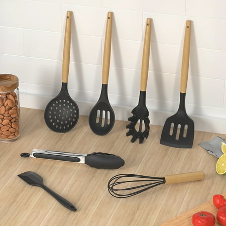 oannao Silicone Cooking Utensils Set - 446?F Heat Resistant Silicone Kitchen Utensils for Cooking,Kitchen Utensil Spatula Set w Wooden Handles,Holder, BPA FREE Gadgets for Non-Stick Cookware (Grey), Gray